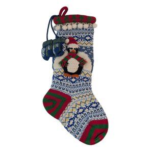 Knit Christmas Stocking Penguin Argyle Striped Wool Acrylic 20” Mittens